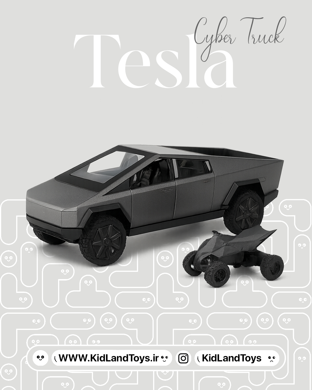 نمای جلوی ماکت Tesla Cybertruck با چراغ‌های روشن – Front View Tesla Cybertruck 1:24 Diecast Model with Lights – KidlandToys