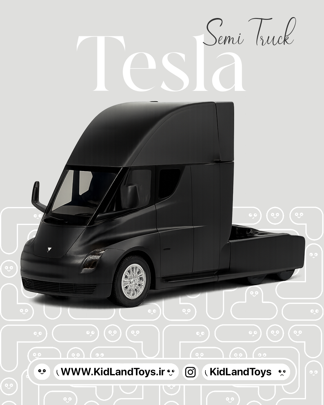 نمای جلوی ماکت Tesla Semi Truck با چراغ‌های روشن – Front View Tesla Semi Truck 1:24 Diecast Model with Lights – KidlandToys
