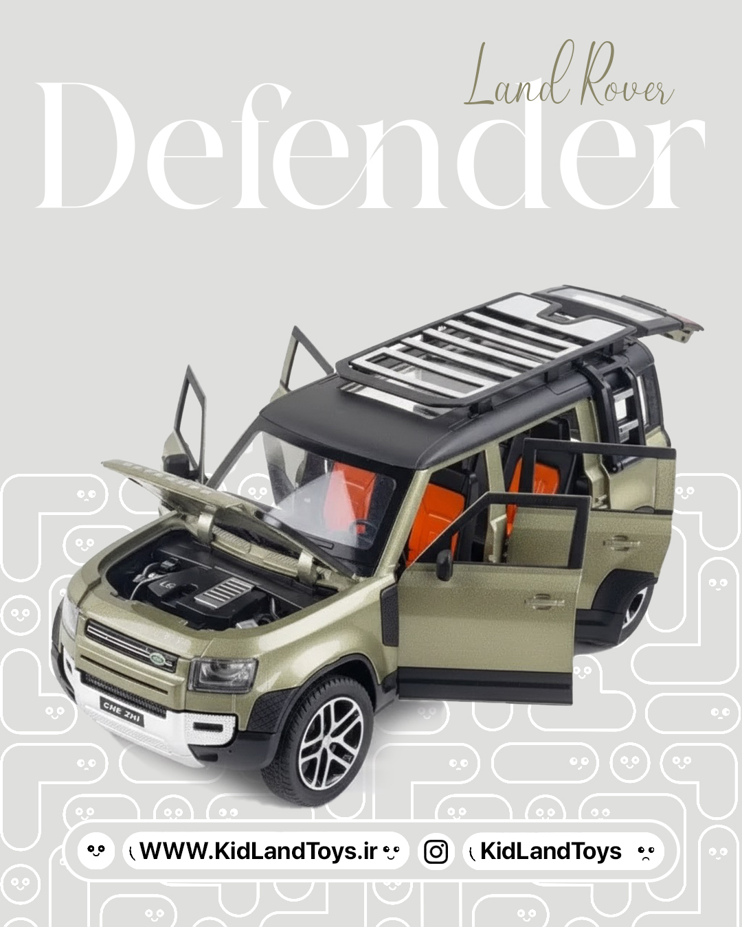 جزئیات چرخ و جلوپنجره ماکت Land Rover Defender – Land Rover Defender 1:24 Diecast Wheels and Front Grill Close-up – KidlandToys